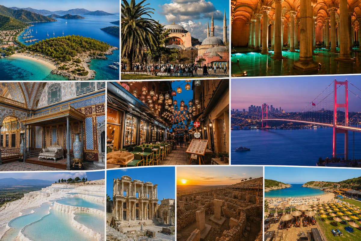 Turkey 10-day itinerary collage: Istanbul, Cappadocia, Ephesus, Pamukkale