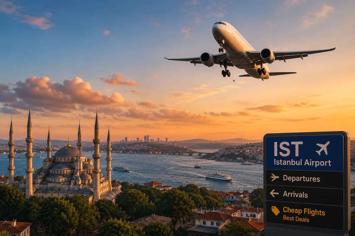 Airplane departing over Istanbul with the Blue Mosque and Bosphorus at sunset