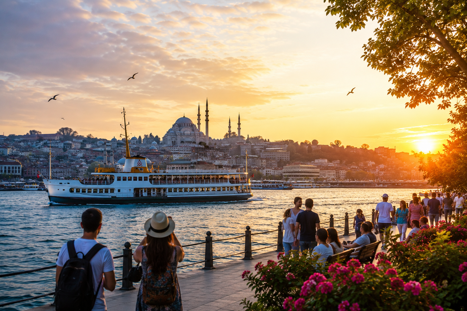 Istanbul Bosphorus at sunset with tourists