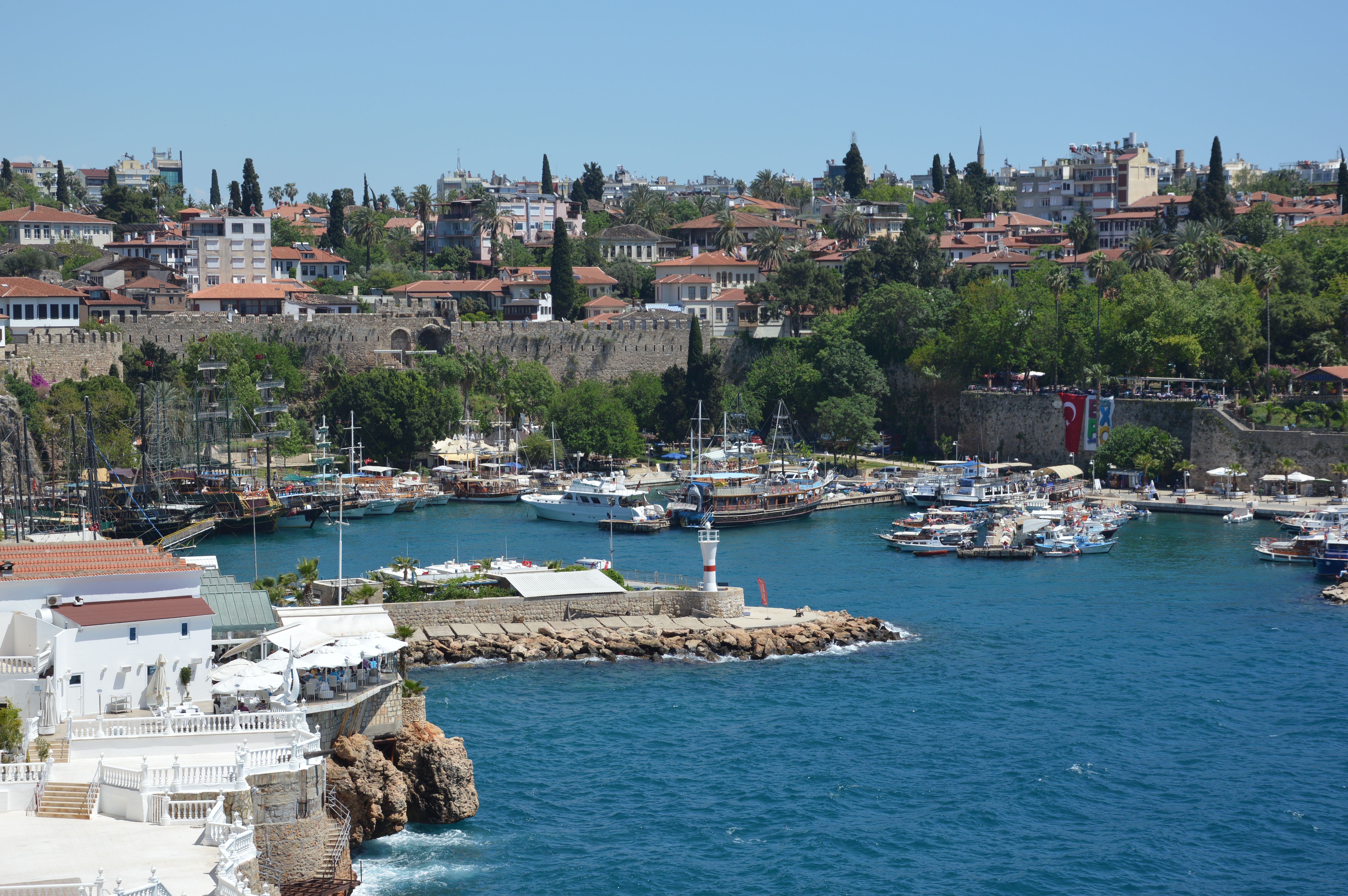 Antalya old town Kaleiçi harbor with Mediterranean coastline
