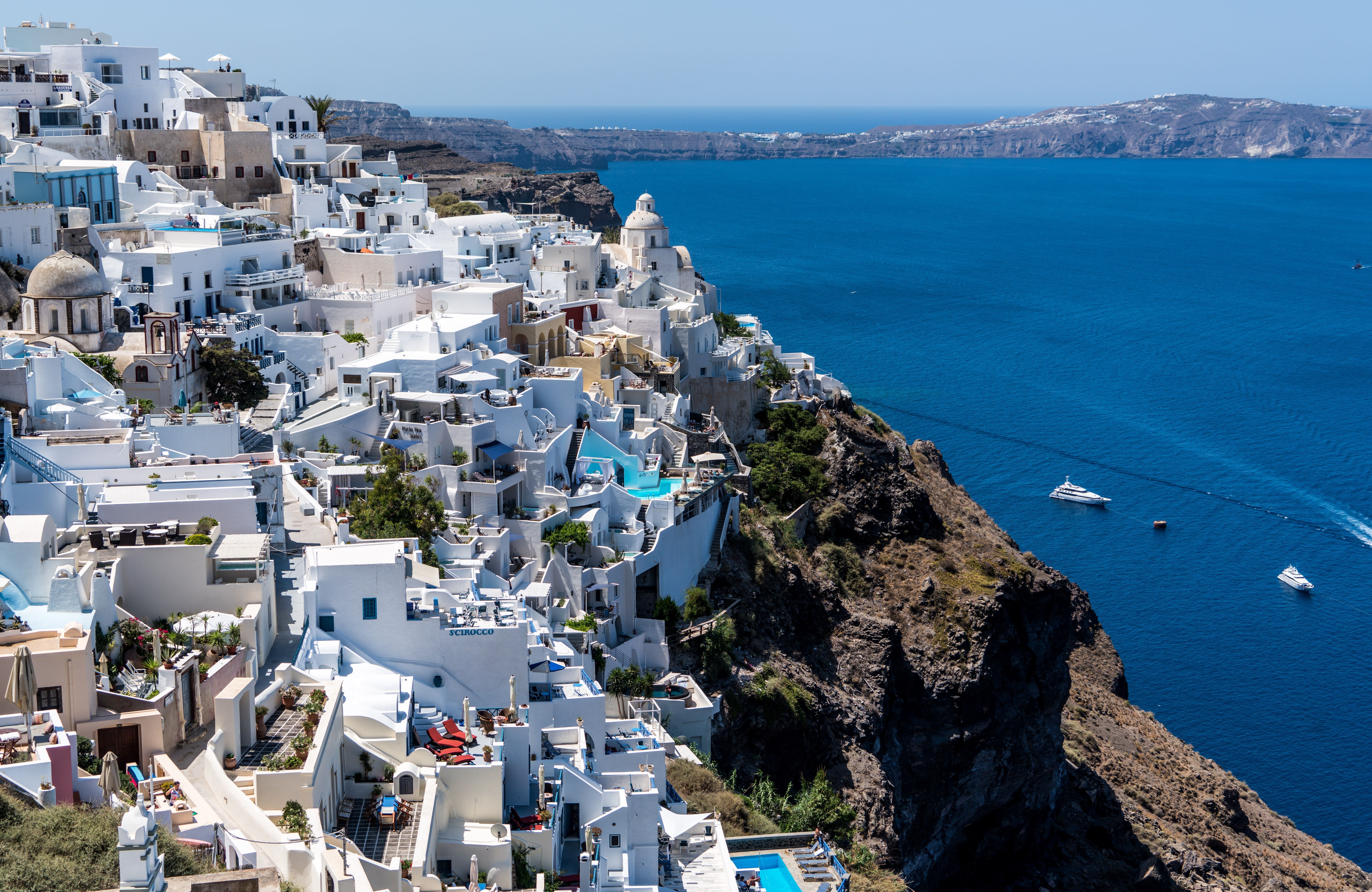 Santorini island Greece with white houses and blue sea