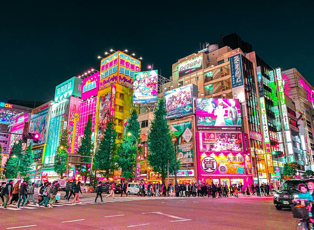 Neon-lit shopfronts in Akihabara, Tokyo