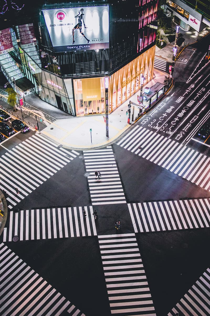 Ginza's upscale shopping district crossing at night