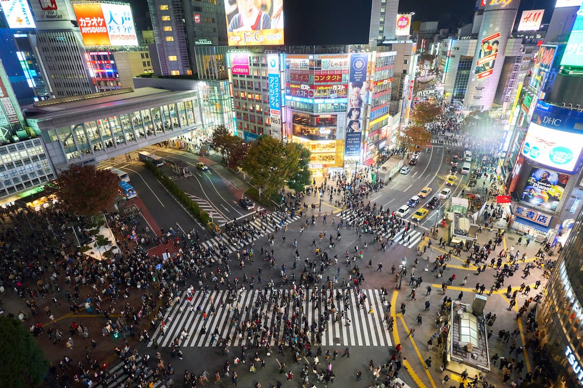 Aerial view of Shibuya Crossing at night
