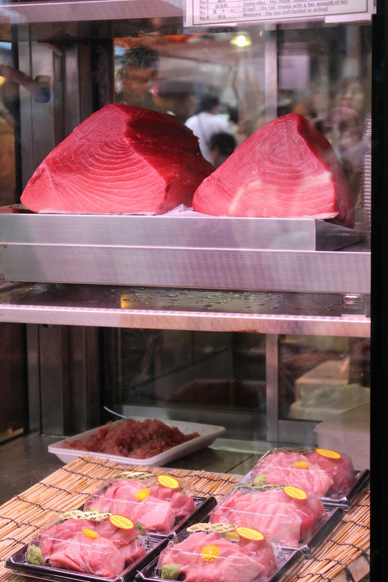 Fresh tuna on display at Tsukiji Outer Market, Tokyo